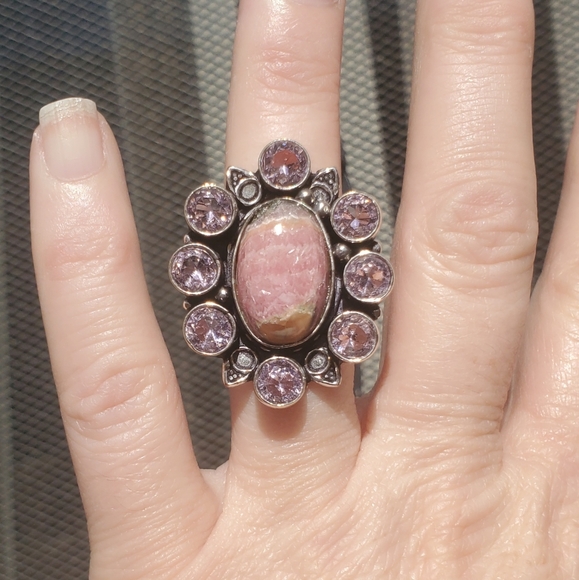 New Oversized Rhodochrosite & Kunzite 925 Silver Statement Ring. - Picture 9 of 14